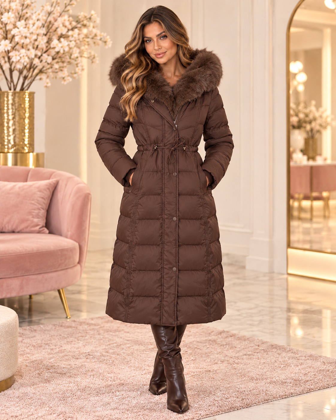Noëlle Long Puffer Coat - Bruin