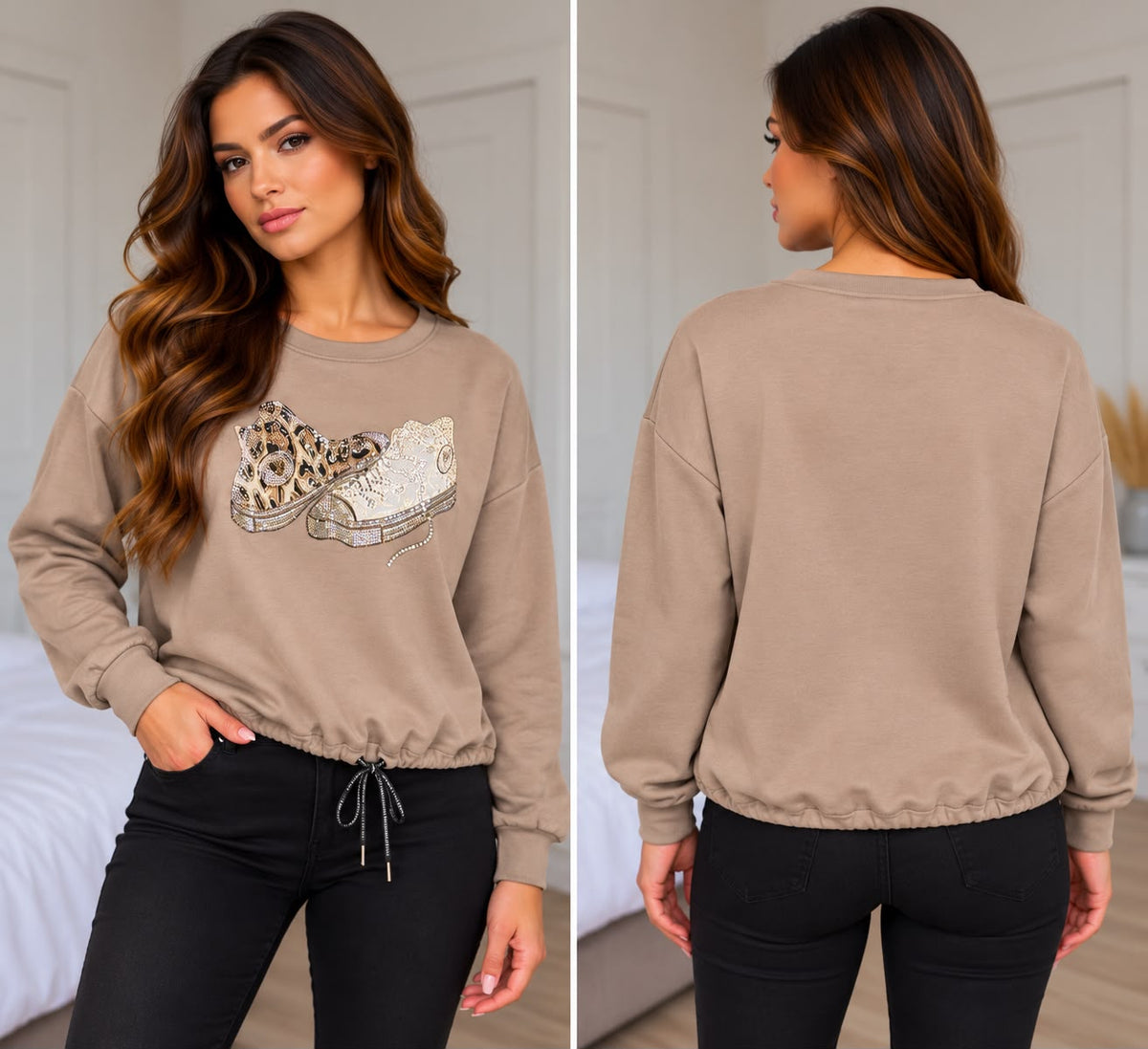 Glitter schoen trui - taupe