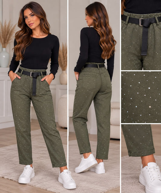 Glitter broek met riem - groen